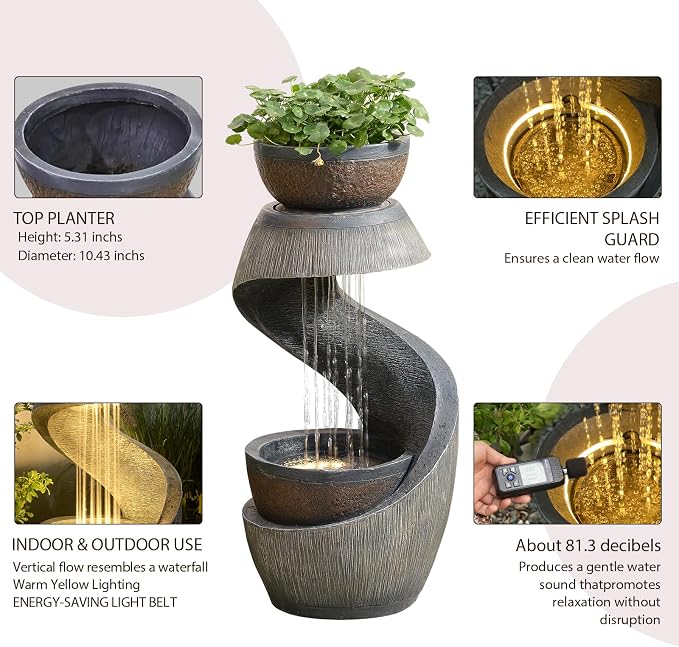 Sunlinua 31.9" S-Shaped Water Outdoor Fountain–Modern Cascading Waterfall Feature with LED Lights & Planter Bowl, Garden Fountains Outdoor for Patio, Balcony, Yard or Home Decor, Resin Waterfall