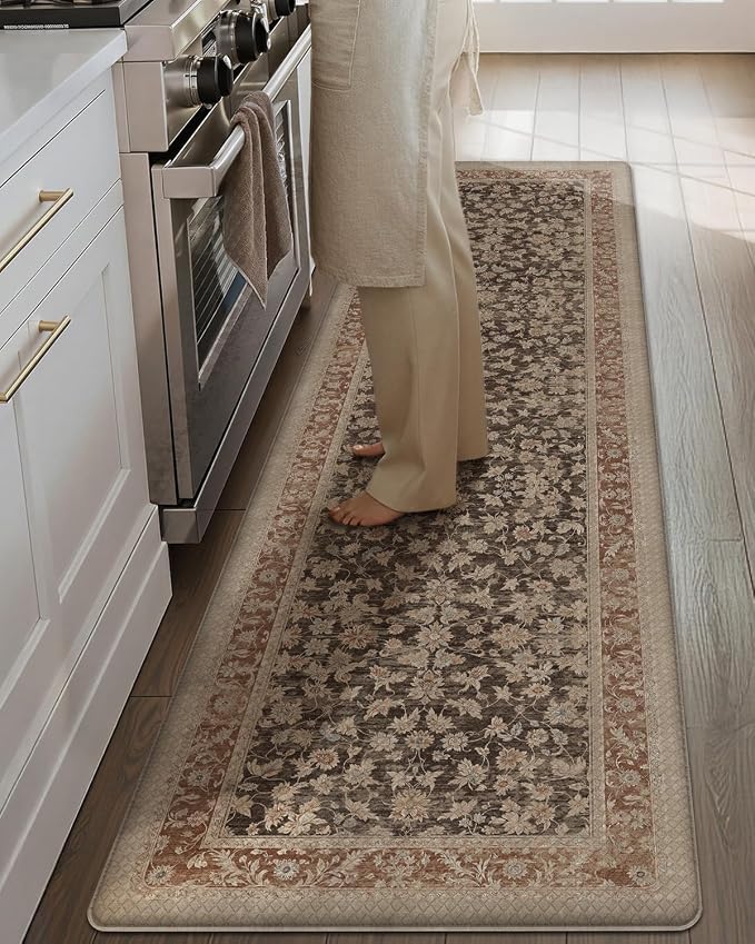 Color&Geometry Kitchen Mat 60x150cm Faded Vintage Anti Fatigue, Light Taupe | 0.4in Cushion Standing Mat For Cooking/Working/Laundry, Boho Decor, Non Slip PVC Kitchen Rug, Oil/Water Proof, Anti Slip