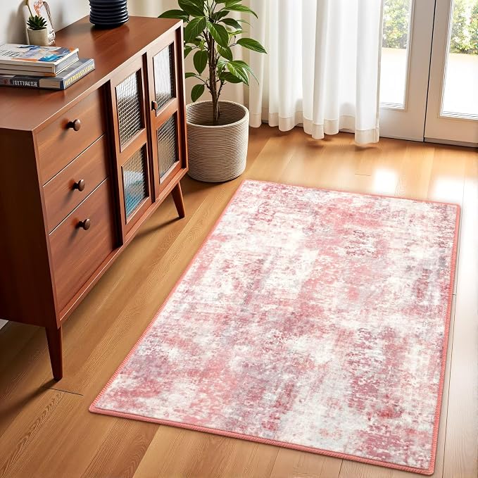Macgace Washable Abstract Rug, 2x3 Small Modern Area Rugs with Non-Slip Rubber Backed for Kitchen, Thin but Soft Throw Carpet Bedroom Entryway Front Door Decor, Pink