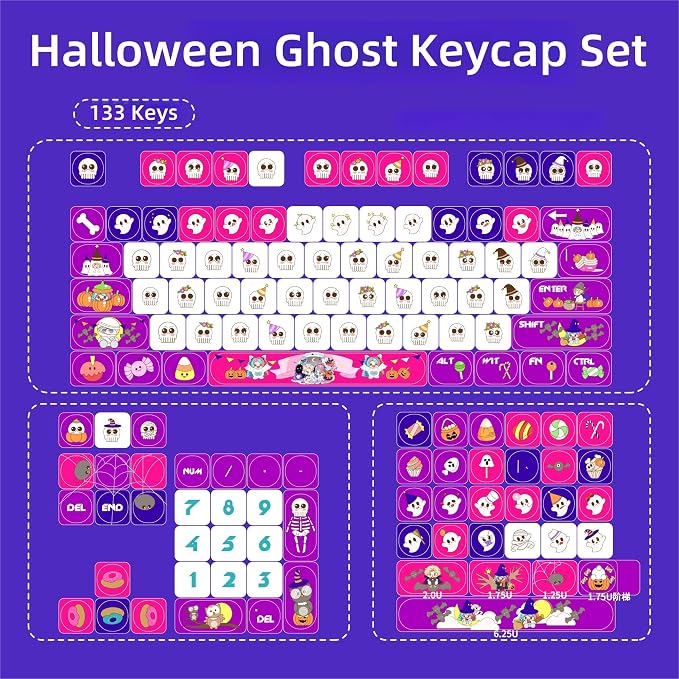 Cute Ghost Keycaps,MOA Profile Side Printed Custom Keycaps Halloween-Themed Key Caps PBT Dye-Sublimation 133 Keys Full Size Keycap Set for Cherry MX Switches Mechanical Gaming Keyboard