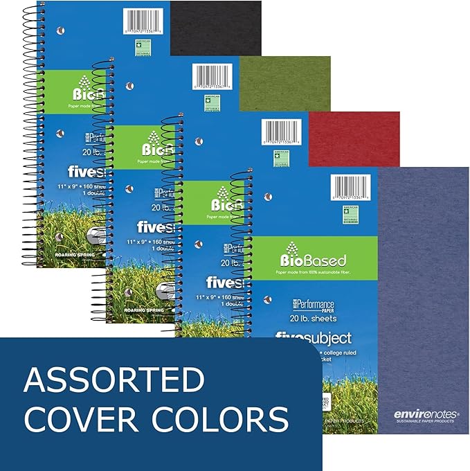 Roaring Spring Environotes Recycled Spiral Notebook, 5 Subject, 12 Pack, 11" x 9", 160 Perforated Sheets, 20 lb Bio-Based Paper, College Ruled w/ Margin, Assorted Earthtone Covers, Double Pocket, 4 Dividers, Made in USA