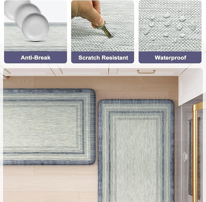 KIMODE Anti Fatigue Kitchen Mats for Floor 2 Piece, Farmhouse Kitchen Rugs Non Slip, Padded Kitchen Floor Mats Non Slip, Cushioned Standing Mats for Sink Laundry Desk Blue Grey 20"x59"+20"x32"