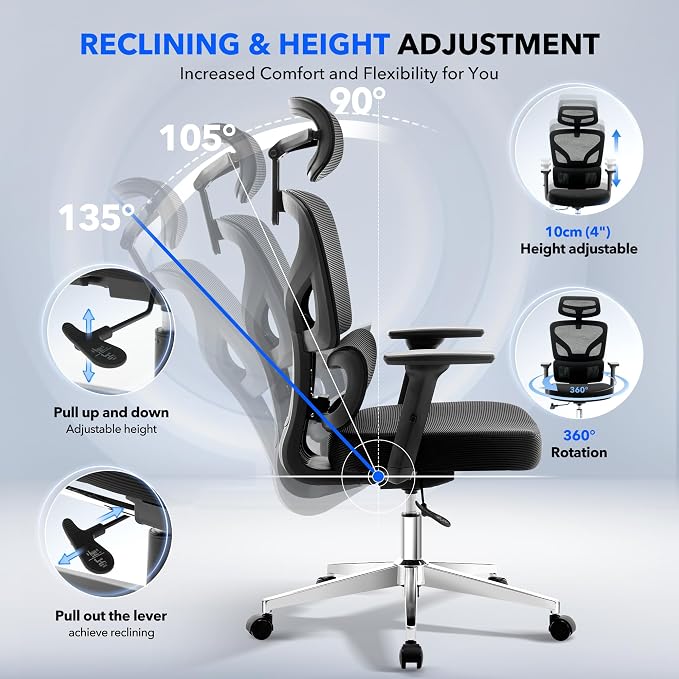 Office Chair Ergonomic Desk Chair - Home Mesh Office Desk Chair with Adjustable Lumbar Support, High-Back Computer Gaming Chair with Headrest 3D Armrests, Rolling Swivel Task Chairs for Home, Office