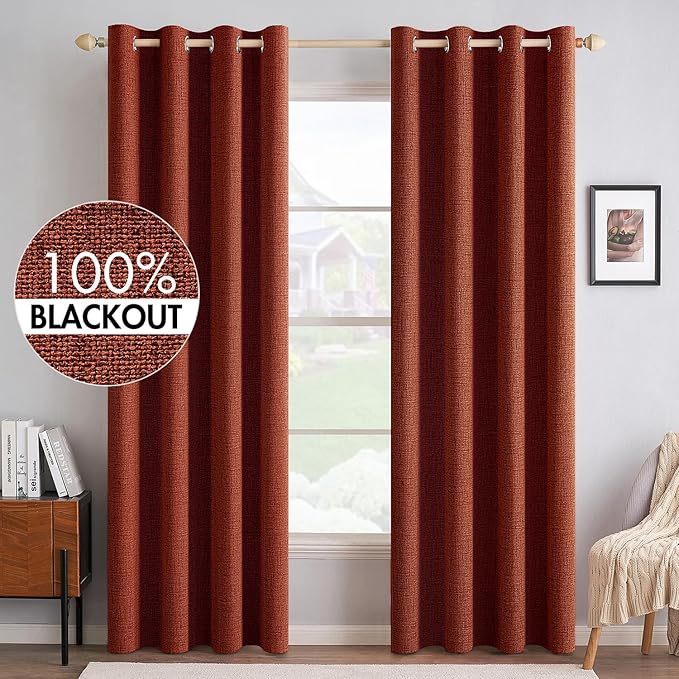 MIULEE Linen Curtains for Bedroom 100% Blackout Thermal Insulated Burnt Orange Grommet Room Darkening Curtains & Drapes Rust Terracotta Fall Decor for Living Room 52 x 90 Inch (2 Panels)