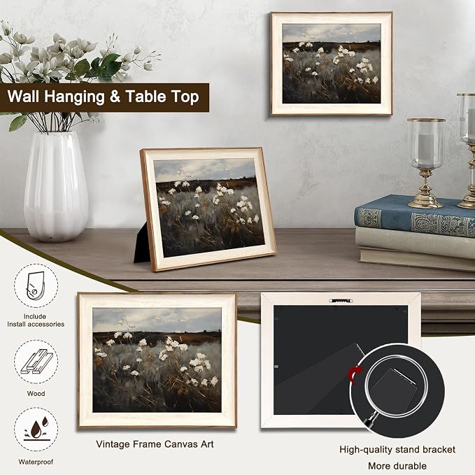 Framed Wall Art for Bedroom, Vintage Wildflower Painting Canvas Art Prints, Moody Dark Autumn Flower Wall Decor Aesthetic, Farmhouse Decor Wall Art Floral Pictures - 10x12Inch