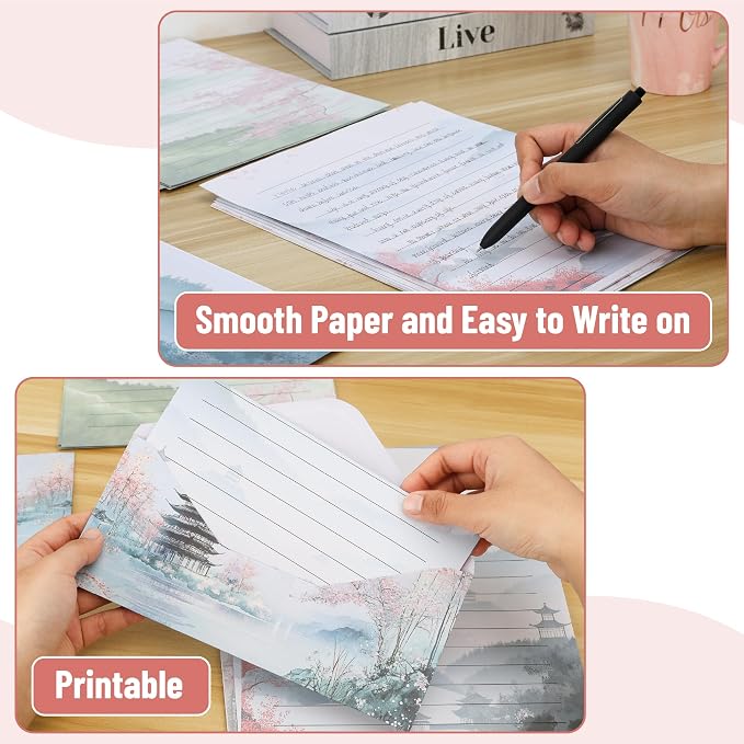 Mr. Pen- Stationery Writing Paper with Envelopes, 8.5 x 11 Inch | 160 Pack(50 Letter Writing Paper with 50 Envelopes and 60 Round Dot Sticker) Cherry Blossoms Cute Stationary Set with 10 Desi