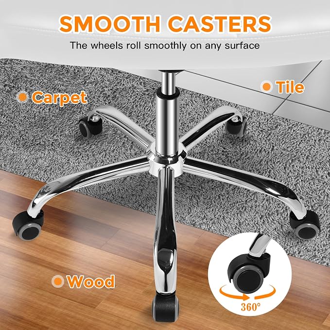 White Office Chair with Wheels - 360° Swivel Armless Back Support，Comfortable Pu Adjustable Rolling Desk Chairs for Office，Home，Vanity，Bedroom，Big Space(Widened White)