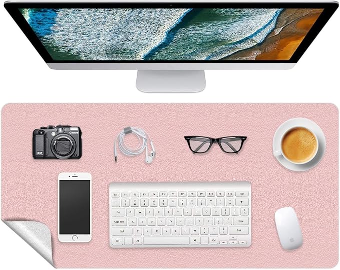 Office Desk Mat Mouse Mat Pad Decorative Desk Pad Protector PU Leather Desk Blotter Keyboard Writing Desk Cover Ultra-Thin Table Protector Cute for Women & Girl 16 X 24 Inch (Shell-Pink/Bright Silver)
