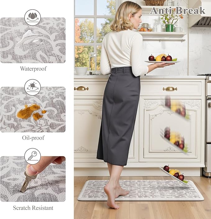 LEEVAN Cushioned Kitchen Mats for Floor Sets of 2,Vintage Distressed Grey Anti-Fatigue Kitchen Mat for Laundry,Non Slip Waterproof Standing Mat for Home,Office,Desk,Sink(17''x29''+17''x47'')