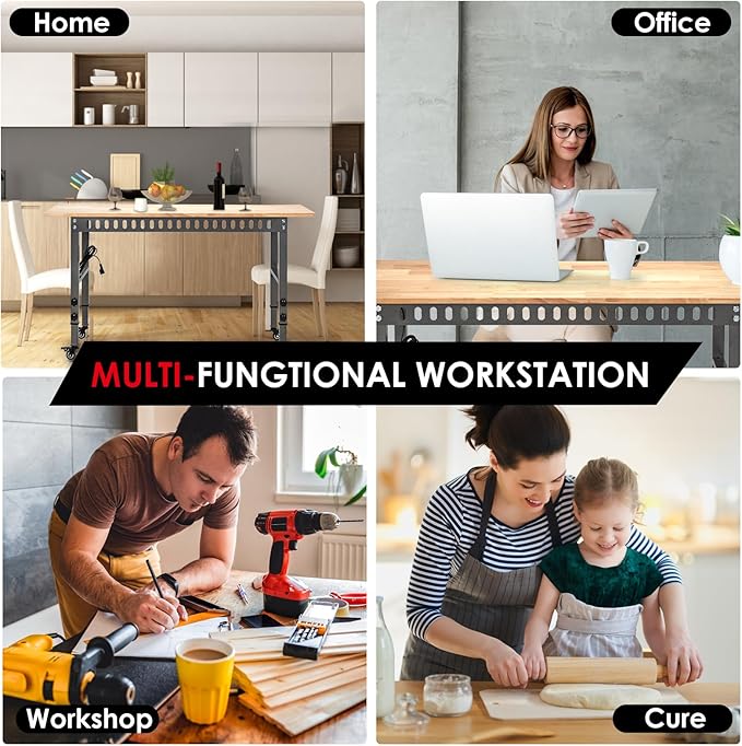 OLBRUS 54.3 "Adjustable Workbench with Power Outlet, Heavy Duty 2000 LBS Load Capacity Hardwood Workbench Suitable for Workshop, Office, Garage, Home (Metal Wheels丨Power Outlets 54.3"x21.6")