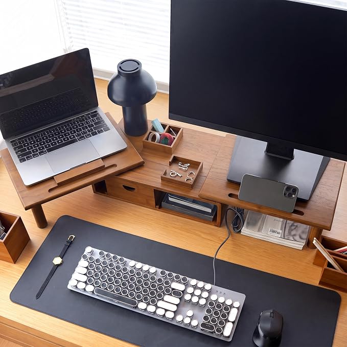 Dual Monitor Stand Riser with Drawer for Desk Laptop | Desk Shelf with Adjustable Length and Angle, Bamboo Computer Stand Riser for 2 or 3 Monitors Screen Laptop PC TV Brown