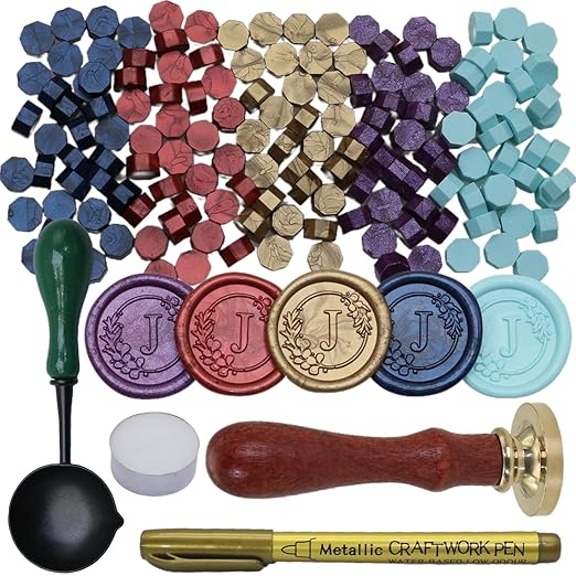 Initial Alphabet J Wax Seal Stamp Set, Retro Letter Sealing Stamp with 150Pcs Sealing Wax Beads in 5 Color, Melt Non Slip Spoon Pen Kit for Wedding and Christmas (J)