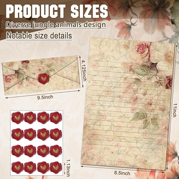 TaoBary 160 Pcs Stationery Paper Set 50 Double Sided Stationery Papers with 50 Matching Envelopes and 60 Round Dot Sticker, 10 Design(Vintage Floral,8.5 x 11 Inch)