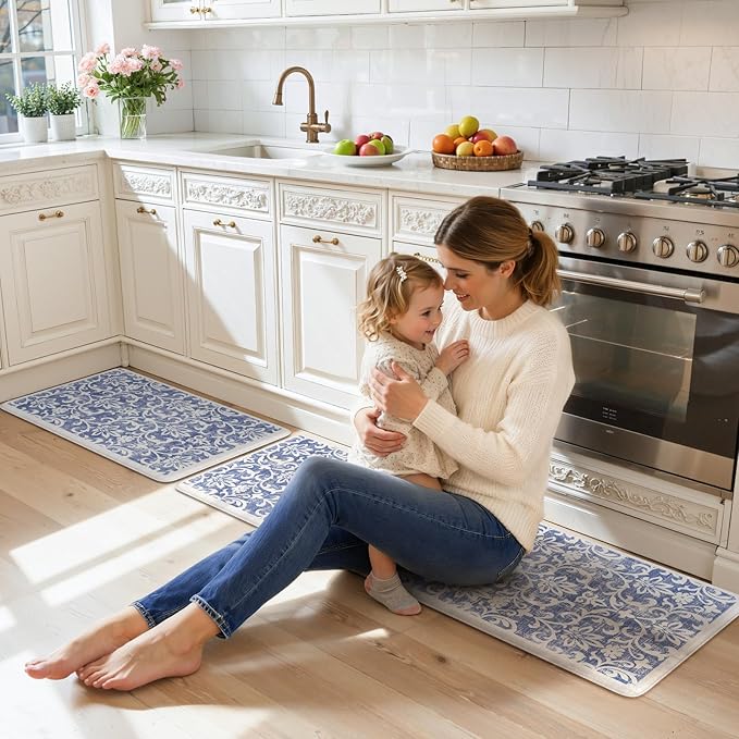 LEEVAN Anti Fatigue Mats for Kitchen Floor Sets of 2, Vintage Distressed Blue Cushioned Kitchen Mat for Laundry,Non Slip Memory Foam Standing Mat for Home, Office, Desk,Sink(17.3"x29"+17.3"x59")