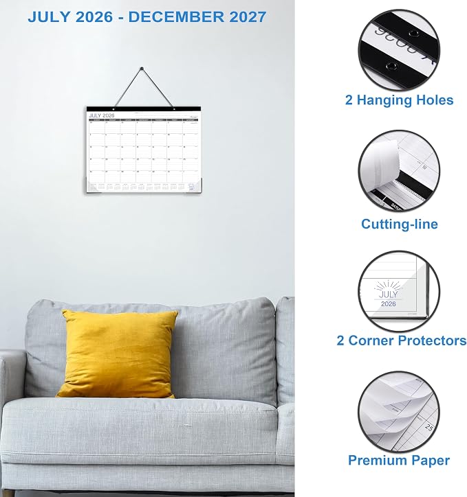 2027 Desk Calendar - Desk/Wall Calendar 2026-2027, Jul 2026 - Dec 2027, 26-27 Calendars 18 Month, Desk Calendars with Corner Protectors, Large Ruled Blocks, Thick Paper, Colorful, 14.6" x 11.5", Desktop Calendar for Daily Organizer