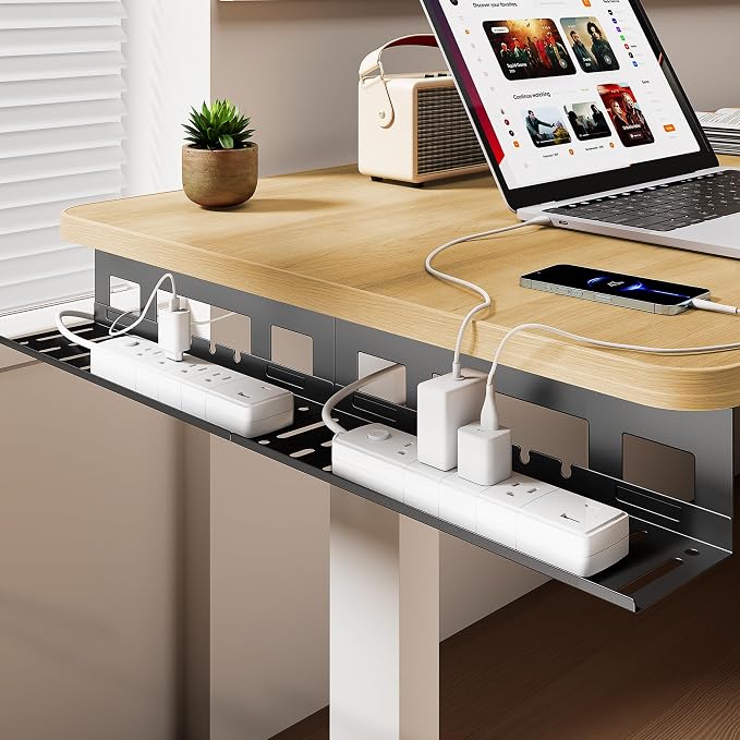 Under Desk Cable Management Tray, 31.5'' Screw-Mount Steel Rack | Metal Cord Organizer for Power Strips, Chargers, Reversible Installation, Effortless Wire Management for Home Office, Black
