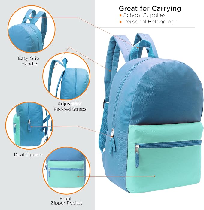 Moda West 17 Inch Bulk Backpacks with 34 Piece School Supply Kit - Case of 12 Wholesale Backpacks in Assorted Colors 6 Boy 6 Girl