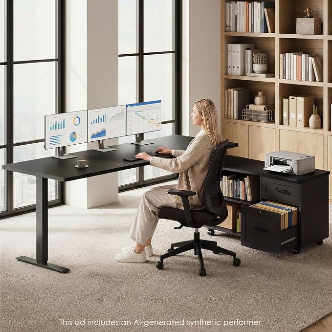 OffiGo 63 Inch L Shaped Electric Standing Desk with File Cabinet, Black | Mobile Drawers & File Cabinet for Flexible Layout, Height Adjustable Executive Stand Up Desk for Home Office Workstation