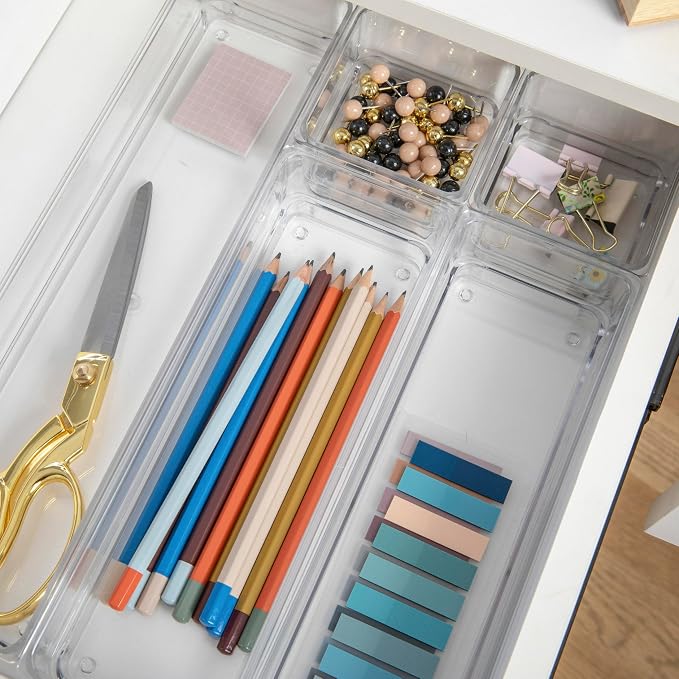 Martha Stewart Miles Stackable Desk Drawer Organizers, Clear, 6-Pack | Various Sizes, Stackable