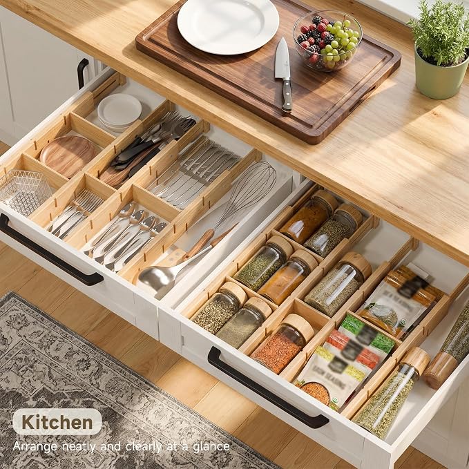 Bamboo Drawer Dividers, Expandable Kitchen Drawer Organizer | Include 8 Dividers, 8 Small Inserts and 8 Medium Inserts for Home, Office, Dressers