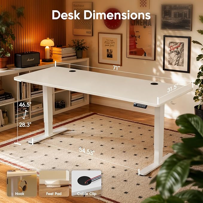 Monomi 71" Electric Standing Desk for Home Office - Large 1.8-Meter Adjustable Height Desk, 176 lbs Capacity, 4 Memory Presets, Quiet Motor & Anti-Collision (White)