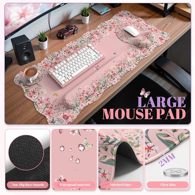 iCasso Desk Mat Set,Large Mouse Pad with Wrist Rest, Back to School Ergonomic Keyboard Wrist Support for Women,Girly Floral Computer Mat with Scalloped Edges,Non-Slip Desk Pad Home Office(Pink)