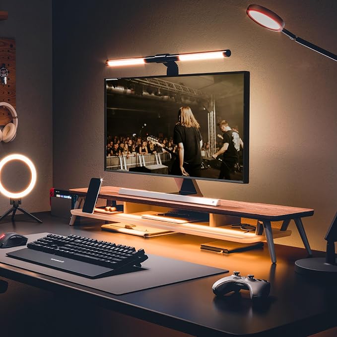 Fenge Dual Monitor Stand with 8-Mode LED Lights and Frosted Shelf, Brown | Sturdy Aluminum Legs, Built-In Phone & Tablet Slot, 2-Tier Storage, 42.5-Inch Desk Shelf for Gaming, Home Office & Streaming