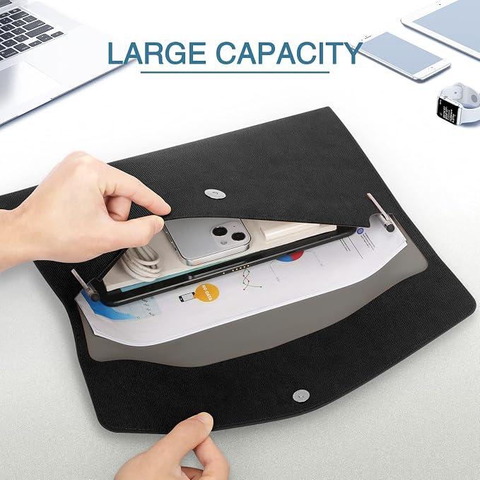 FYY File Folder, PU Leather A4 Document Holder File Organizer Filing Envelope Portfolio Case Tablet Sleeve with Magnetic Snap Closure for Home School Office Stationery Black