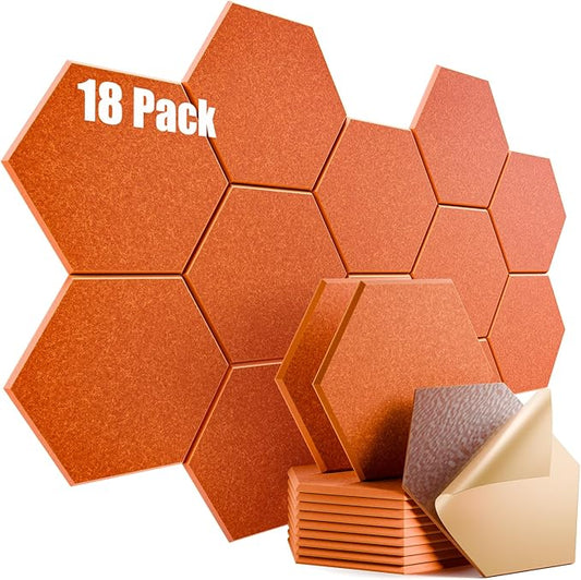 18 Pack Self-Adhesive Acoustic Panels 12" X 10" X 0.4" - Sound Proof Foam Panels for Wall with High Density, Hexagon Design, Flame Resistant, Absorb Noise and Eliminate Echoes(Tangerine)