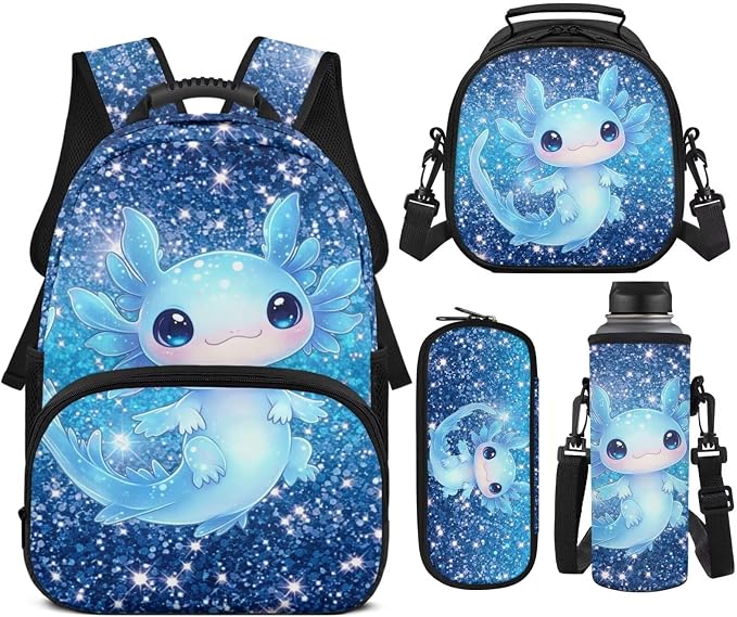 Blue Axolotl Backpacks for Elementary School Girls- 4 in 1 Cute Graphic Backpack with Lunch Box, Galaxy Space17 Inch Large Capacity Book Bag Kids Ages 6-8 Back to School
