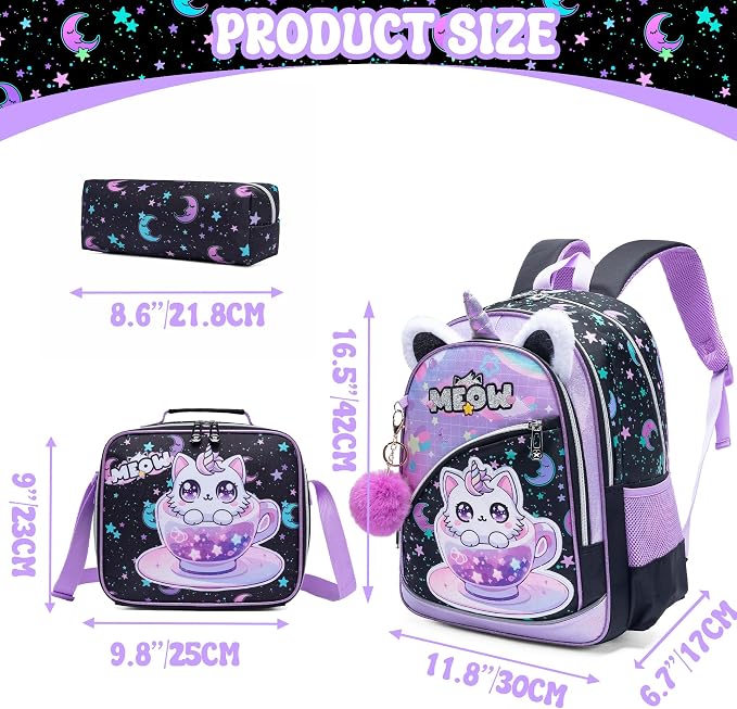 Meetbelify Backpack for Girls School Backpack with Lunch Box for Elementary Student Teen Girls Cute Cat School Bag Kids Bookbag for Girls 8-10 Purple