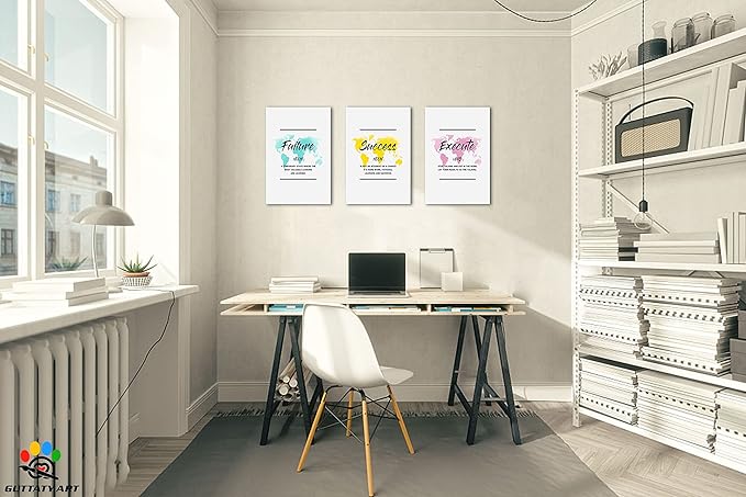 Inspirational Wall Art, Office Pictures for Wall Decor, Motivational Canvas Wall Art for Women, Failure - Success - Execute Quotes Color Map Poster Framed Artwork for Home Workplace Decor 16”x24”x3Pcs