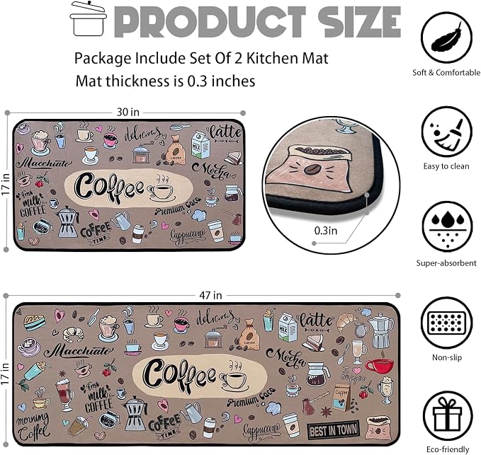 Voanos Coffee Kitchen Rugs,Non Skid Washable Microfiber mats for Kitchen Floor,Coffee Theme Kitchen Cushioned Runner Rug Decor Sets of 2 Pieces,17"x 47"+17"x 30"