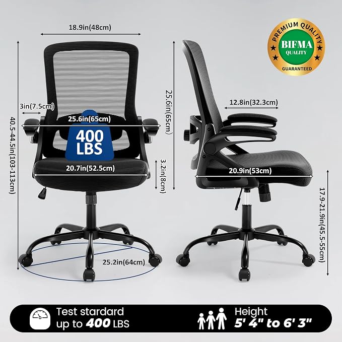 Executive Office Chair with Adjustable Lumbar Support Flip-Up Arms,Black | Desk Chair Breathable Mesh Comfy Computer Chairs with Flip-up Armrests Executive Task Chair for Adults Home Office,400lbs