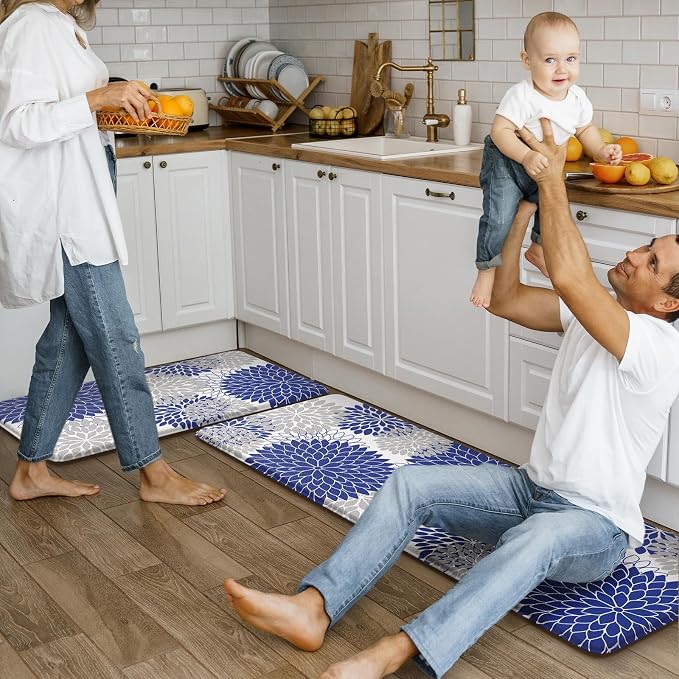 KIMODE Anti Fatigue Mats for Kitchen Floor Cushioned Kitchen Rugs Sets of 2 | 17"x47"+17"x29",Blue,Dahlia Floral Boho,Non Slip Rubber Backing,Waterproof,Wipe Clean,Standing Mat for Office Laundry Sink