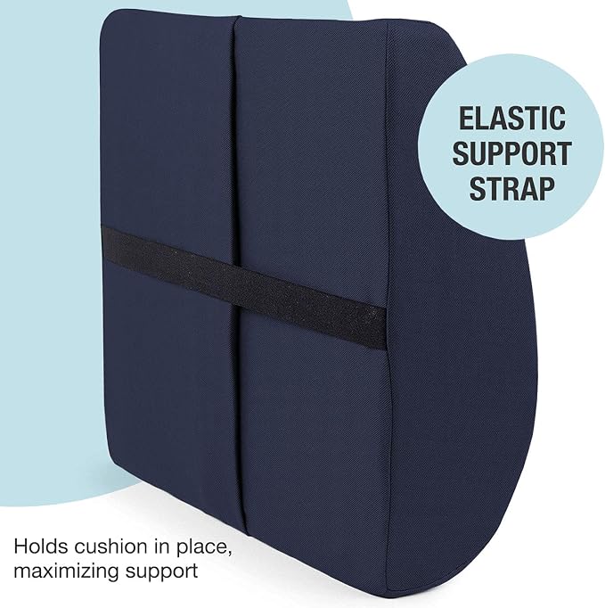 DMI Memory Foam Lumbar Pillow Support Pillow Back Support Chair Cushion with Strap for Better Posture and Easing Back Pain, Navy