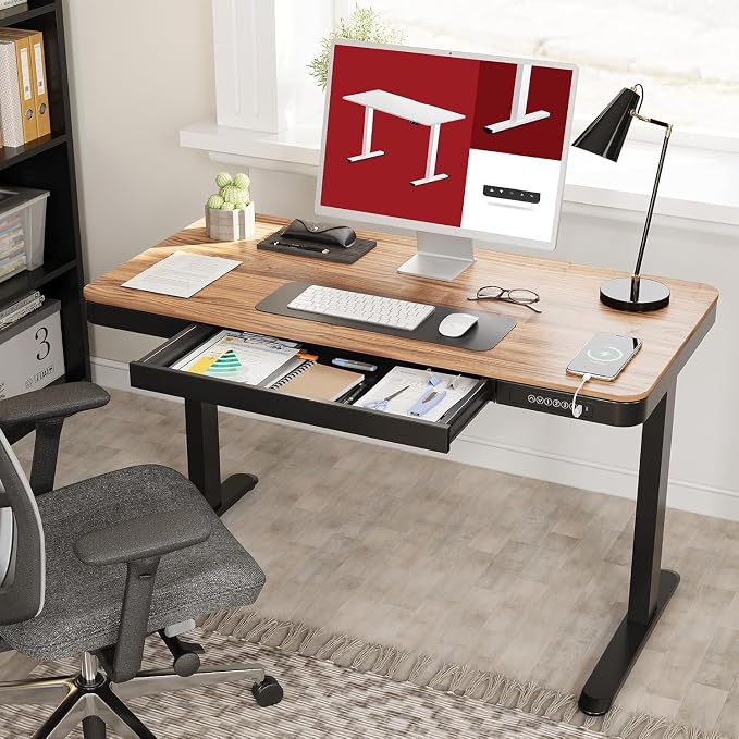 SANODESK Electric Height Adjustable One-Piece Standing Desk with Drawer | Stand Up Home Office Desk with Storage & USB Ports, 48 inch Black Walnut Wood Tabletop/Black Frame