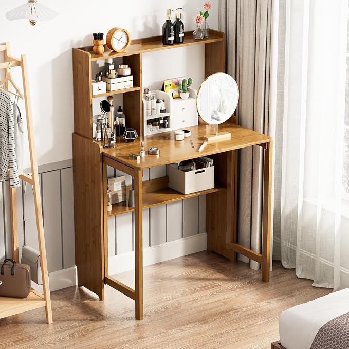Bamboo Folding Desk with Bookshelf, Compact Computer Desk with Hutch for Small Spaces, Foldable Desk with Storage Shelf, Space-Saving Home Office Desk for Bedroom, Dorm, Apartment,Brown