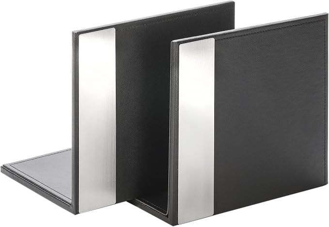 Artistic ART43008 Architect Line Leather-Like Bookends (Pair), Black with Brushed Metal & Matching Black Stitching and Velvet-Like Lining