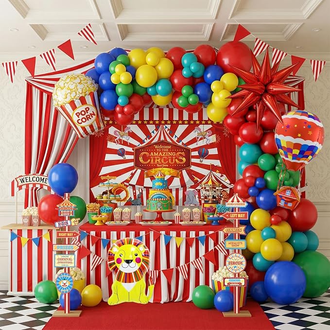 Circus decorations include Red Blue Yellow Balloon garland kit & foil hot air popcorn lion balloons & striped banner & Backdrop road sign paper for carnival circus theme party decorations
