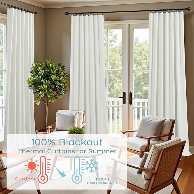 KOUFALL Ivory Back Tab Linen Blackout Curtains 92 Inches Long