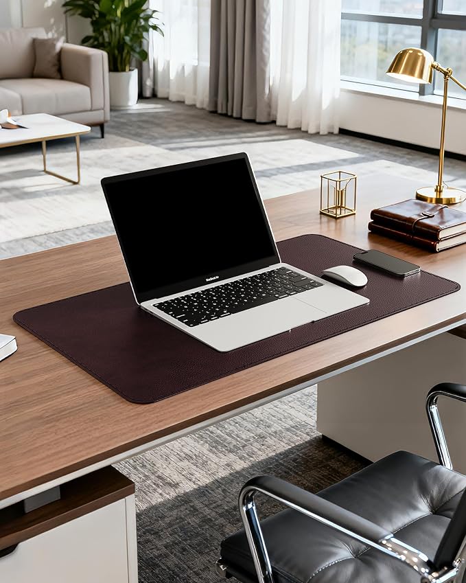 YSAGi Genuine Leather Desk Mat, 23.6"x13.8" Office Desk Pad, Thick Desk Pad Mat with Stitched Line, Non-Slip Desk Mat with Rubber Base (Red Brown, 23.6"x13.8")