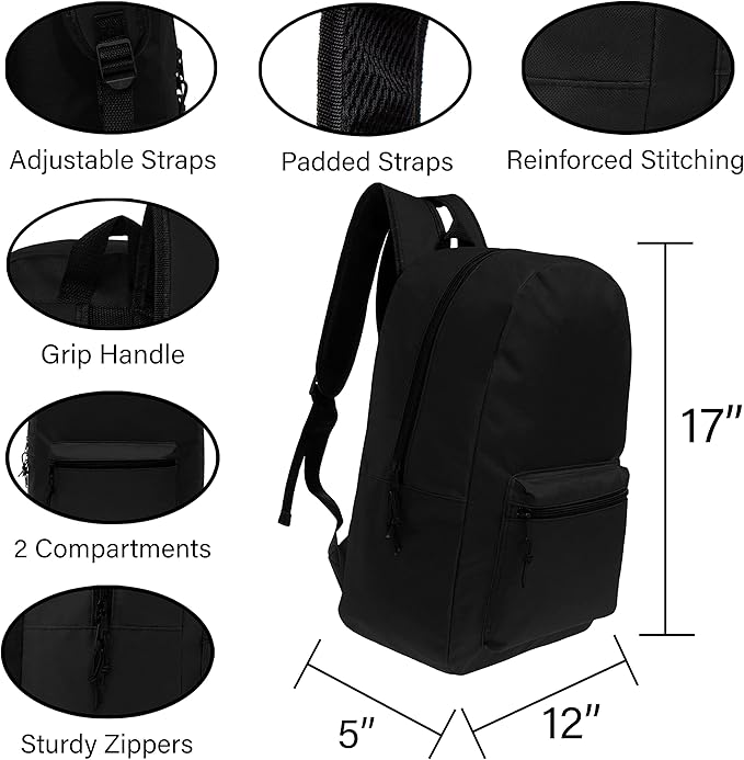 17 Inch Bulk Backpacks in Black Color with 50 Piece Student Supplies Kits - Pens, Pencils, Crayons, and More, Wholesale Case of 12 Value Bundle Packs
