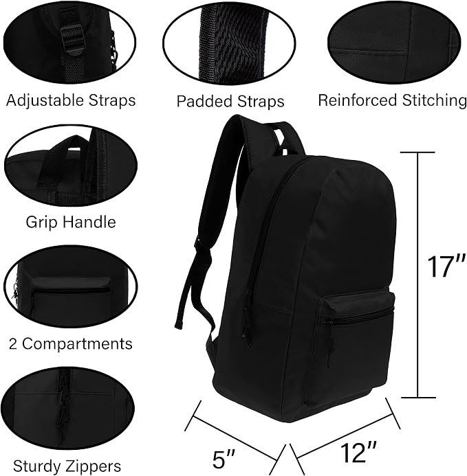 Moda West 17 Inch Bulk Backpacks with 18 Piece School Supplies Kits - Pens, Pencils, Crayons - Case of 12 Wholesale Backpacks in Black Color