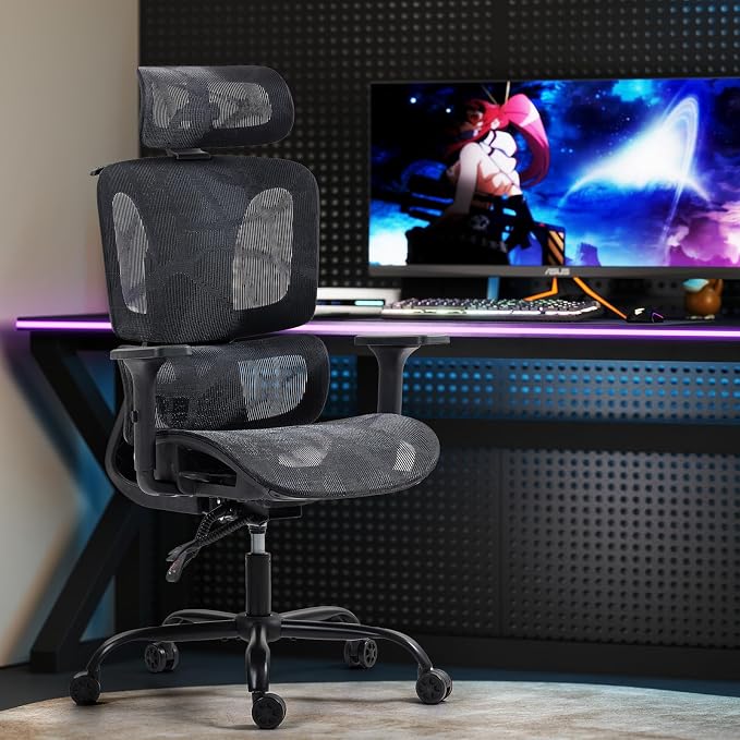 Black Ergonomic High Back Mesh Office Chair | Adjustable Lumbar, 3D Armrests, Headrest, 135° Recline, Large Steel Base, Swivel, for Home Office