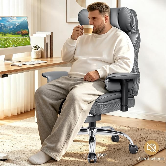 Office Chair 400 LBS, Heavy Duty High Back Executive Desk Chair | 23.6" Extra-Wide Seat with Footrest for Big & Tall Users, Ergonomic Lumbar Support, 165° Recline, Padded Arms, Gray, 2 Pack