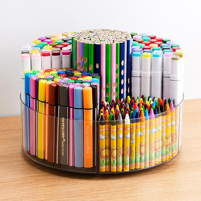 Acrylic Pen Marker Organizer for Desk, 360-Degree Rotating Pencil Holder Crayon Art Supplies Storage Organizer, 6 Slots Clear Large Capcaity Spinning Caddy for Home Office School Kids