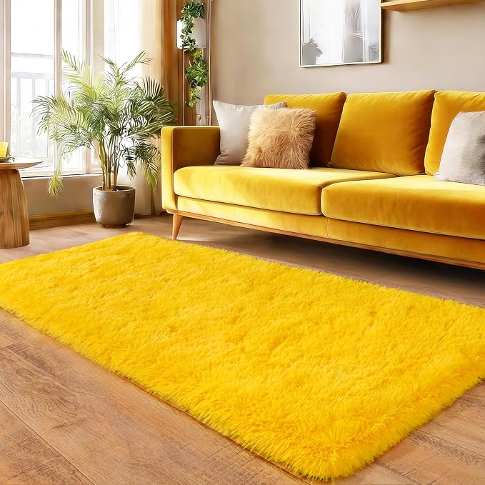 Fluffy Soft Runner Rug for Bedroom Hallways, 2x6 Area Rugs for Living Room, Modern Shaggy Carpets Fuzzy Rug for Boys Girls Dorm Nursery Home Decor Aesthetic, Upgrade Non-Slip Durable, Yellow