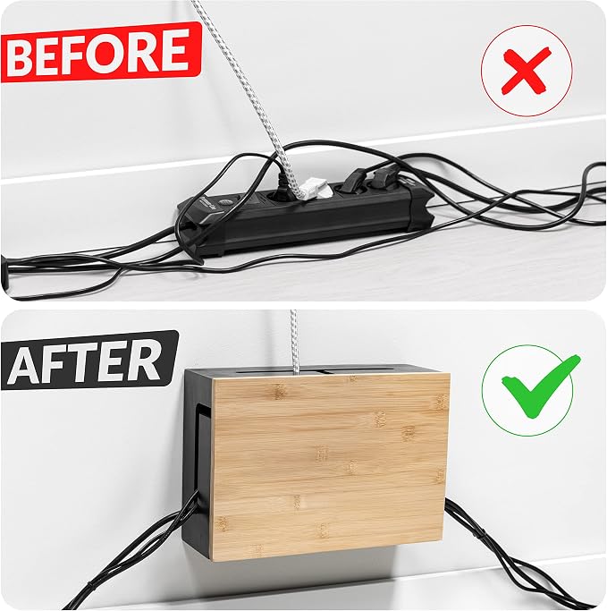 Bamboo Cable Management Box with Magnetic Lid - 12,6x7,8x4.3 in - Durable Cable Organizer to Hide Cords & Power Strip - Wall Mountable - Including Hardware - for Home, Office, Desk & More (Black)