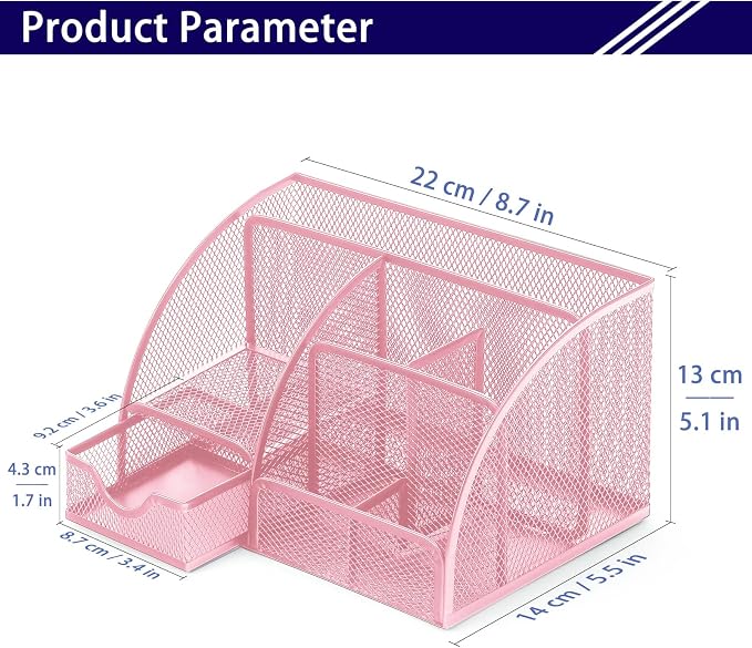 Boutilon Mesh Desk Organizer Desktop Office Supplies Stationary Organizer with 6 Compartments and 1 Drawer Multi-Functional Caddy Pen Holder for Home Office School Desk Decor(Pink)